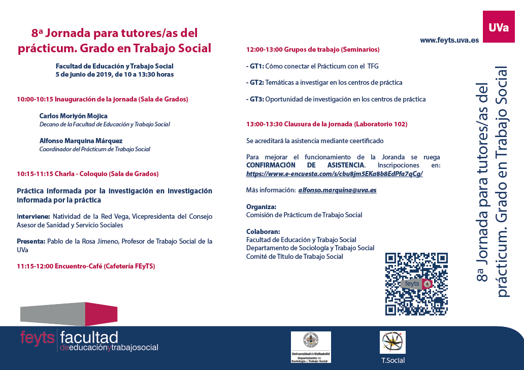 TsocialUVa's tweet photo. Celebramos 8ª Jornada para tutores/as del Prácticum del Grado en Trabajo Social con el título “Práctica informada por la investigación e investigación informada por la práctica” ¿Cuándo? 5 junio ¿Dónde? Sala Grados @feyts_uva Inscripciones: https://t.co/WRf3KTfrcE Os esperamos! https://t.co/NxzJYt6Bpa