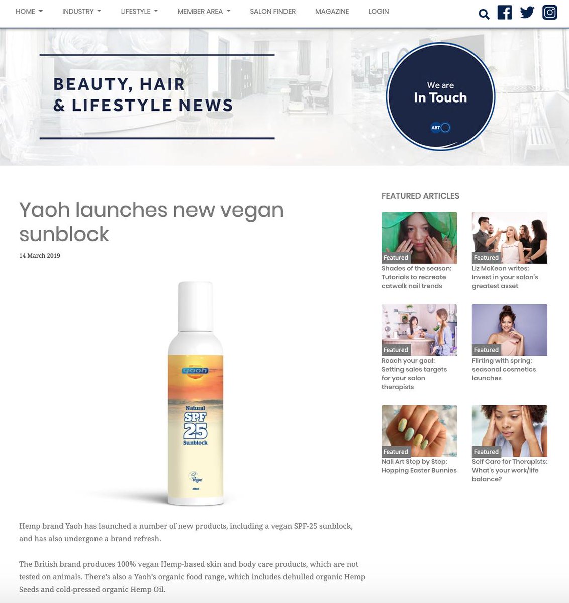 Many thanks to <a href="/abt_insurance/">ABT</a> for including <a href="/YaohLtd/">Yaoh Ltd</a>'s SPF-25 sunblock in this latest article: beautyandhairdressing.co.uk/Yaoh-launches-… #yaoh #vegan #crueltyfree #hemp #suncare #nottestedonanimals