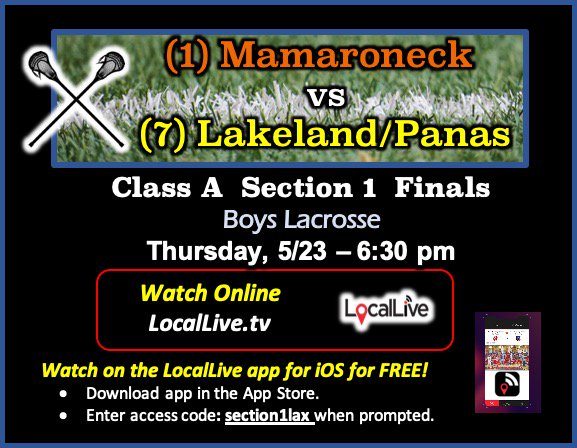 locallivenet's tweet photo. Big Game today! Mamaroneck vs Lakeland/Panas in the Boys Lax Class A Section 1 Finals at 6:30. Watch it live at https://t.co/DCICQGIJ54 or on the LocalLive iOS app https://t.co/VUebmTGEsp @lplacrosse18 @lakeland_sports @PanasSports @lcsdlhs @mhsvarsitysport   @MamaroneckED https://t.co/H0aVRt85aA