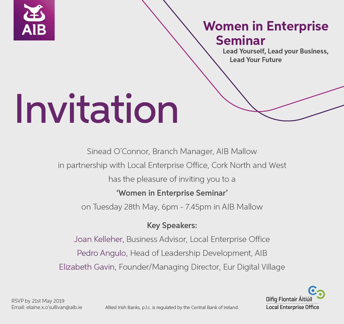 LEOCorkNW's tweet photo. AIB are hosting a free Women in Enterprise Seminar on Tuesday next 28th May  6:00pm – 7:45pm  in Mallow. The event is being held in partnership with the Cork County Councils Local Enterprise Office Cork North &amp; West    Email  Elaine O Sullivan at elaine.x.o'sullivan@aib.ie https://t.co/AamHVfEbAW