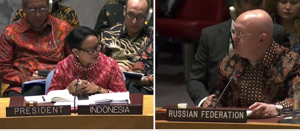 KentUNCBC's tweet image. Batik shirts appear to be growing in popularity among diplomats during Indonesia’s presidency of the UN Security Council