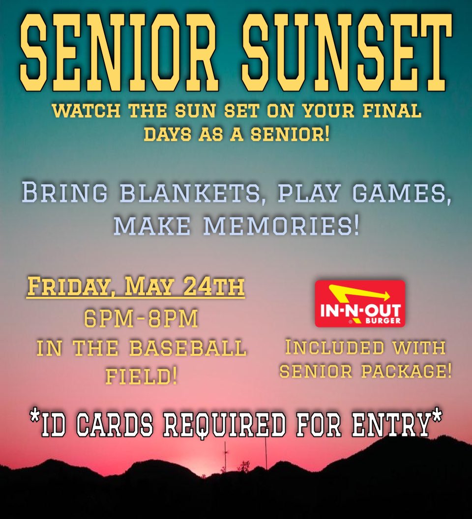 SHSsharks2019's tweet photo. TOMORROW IS SENIOR SUNSET! Your 2019 senior song will be announced at the event, so make sure you’re there! https://t.co/IFO9wMjuwh