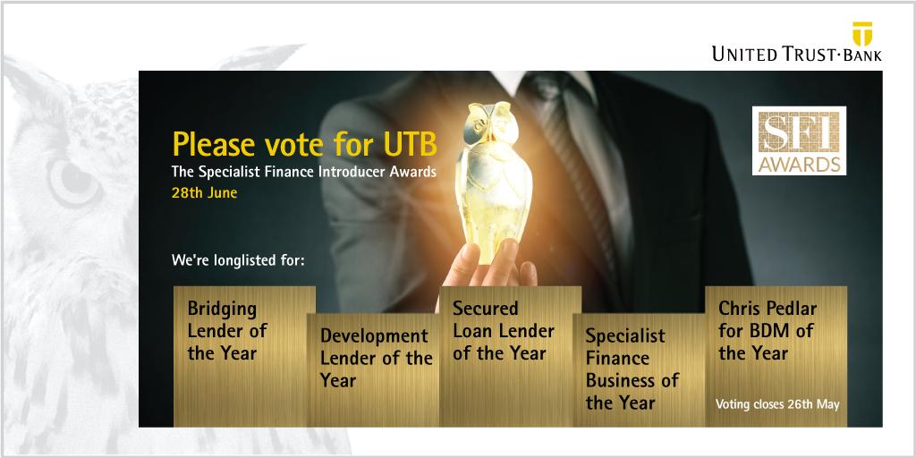 We are delighted to have been longlisted for FIVE awards at this year's <a href="/SFILatest/">Specialist Finance Introducer</a> awards. If you'd like to support #TeamUTB please vote for us here -  sfiawards.co.uk/voting/  #SFIawards 🦉🤞