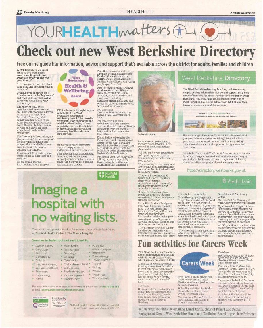 Check out the new West Berkshire Directory
Please read the May <a href="/NewburyToday/">.</a> article from the West Berkshire Health and Wellbeing Board.
newburytoday.co.uk/news/news/2737…