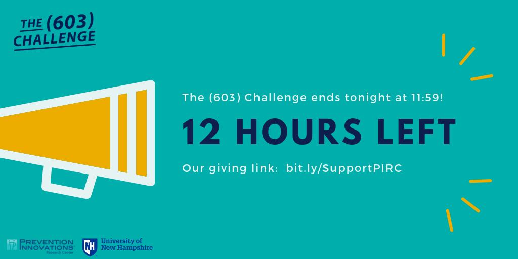 WePreventNow's tweet image. There are only 12 hours left in the #UNH603 Challenge! If you have not already donated, you still have time.
#603Challenge #ThisIsUNH #PIRC

Our giving link: bit.ly/SupportPIRC
