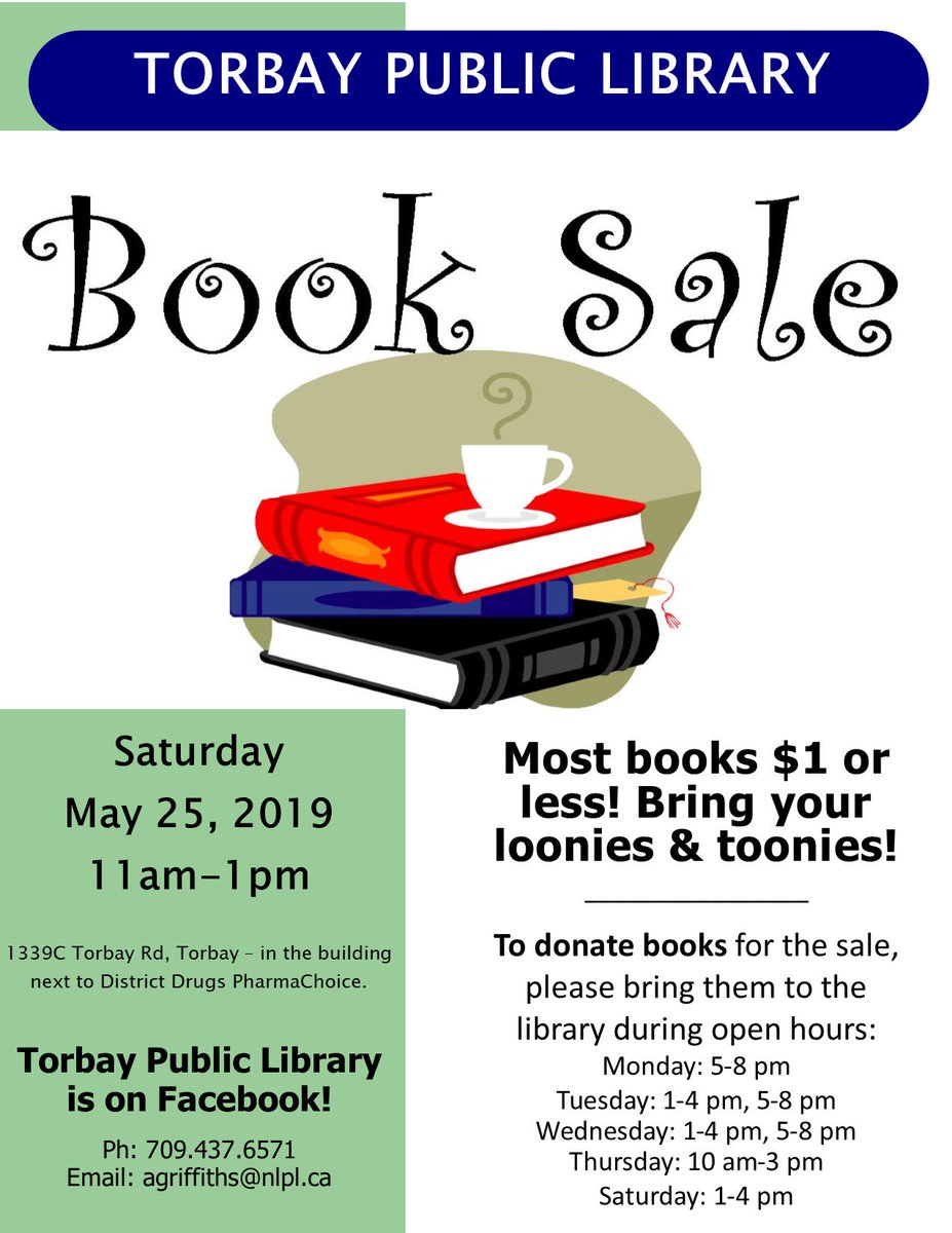 MaynardLara's tweet photo. Torbay Public Library Book Sale: 11am-1pm, Sat, May 25/19 in #TorbayNL.
Most books & DVDs $1 or less, and kids' books 4 for $1! Bring your loonies & toonies! NL books, fiction, romance, YA, nonfiction, children's books, graphic novels... https://t.co/UDOIBR2jlx https://t.co/X9ONWfngxw