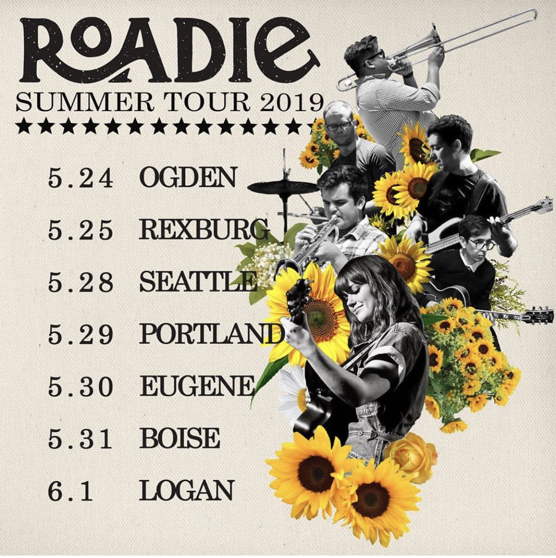 It all starts tomorrow! 

5/24 <a href="/OgdenLighthouse/">Lighthouse Lounge</a>, Ogden, UT
5/25 The Basement, Rexburg, ID
5/28 <a href="/SeattleJewelBox/">JewelBox Theater</a>, Seattle, WA
5/29 <a href="/biglegrowlski/">The Big Legrowlski</a>, Portland, OR
5/30 <a href="/SamBondsGarage/">Sam Bonds Garage</a>, Eugene, OR
5/31 Rocco’s Roadhouse, Nampa, ID
6/1 <a href="/whysoundvenue/">WhySound</a>, Logan, UT

#roadiehitstheroad