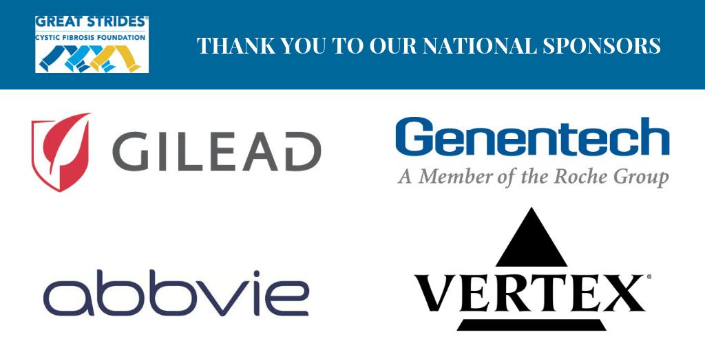 IowaCFF's tweet photo. Our national sponsors help raise awareness and add tomorrows for people living with CF. Thank you Gilead, Genentech, Abbvie and Vertex! #GreatStrides #UntilItsDone https://t.co/smBCo8nlNc