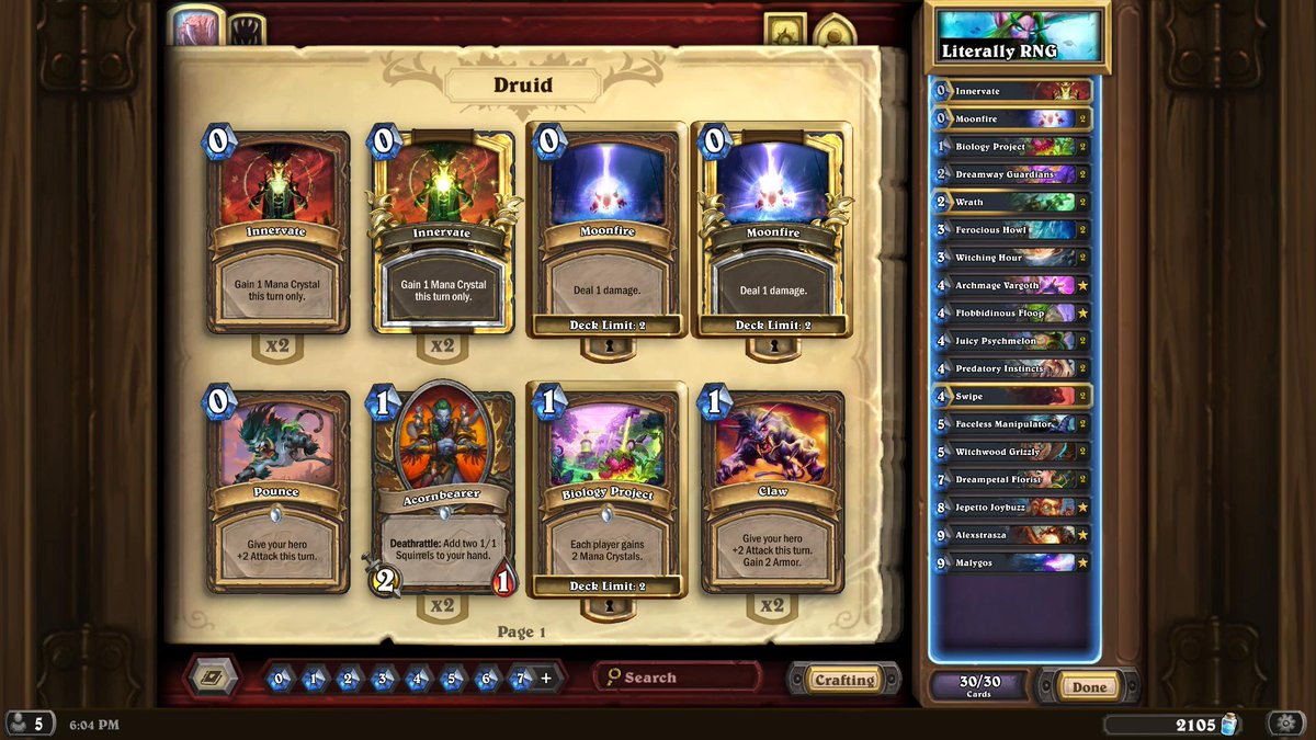 Gogg1b's tweet photo. So I've been playing HS again for the first time in like 2 years. Got legend with this absolute meme of a deck. This deck is literally unbeatable for most decks if you highroll but can lose to anything if you lowroll. Winrate was 63%. THIS DECK IS BAD BUT FUN. Use at own risk :) https://t.co/78sZz2oSIN