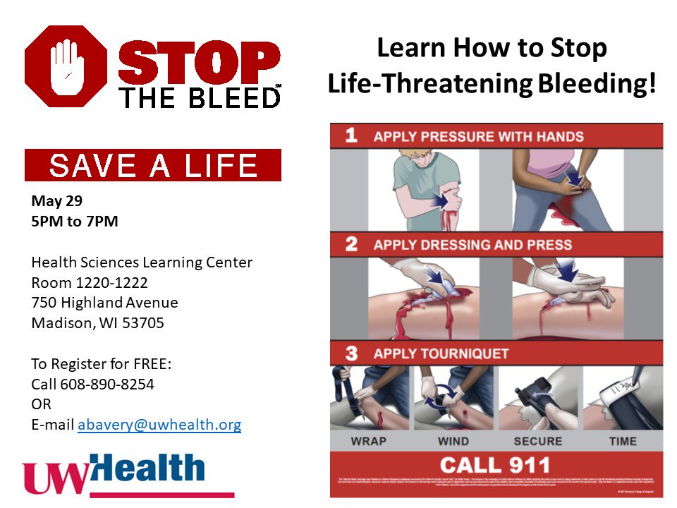 Nealry 500k people learned to stop life threatening bleeding in '18 thru <a href="/StopTheBleed/">STOP THE BLEED®</a>. Sign up now for 5/29 class (5-7pm) conducted by our surgeons &amp; emergency docs <a href="/uwsmph/">UW School of Medicine and Public Health</a> hospital. Email Abavery@uwhealth.org to register. Read more about STB efforts:  tinyurl.com/stb-rept