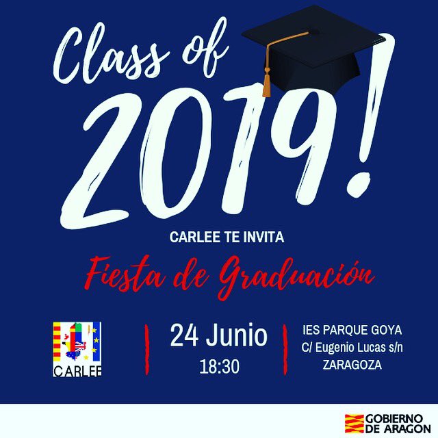 El próximo 24 de Junio el CARLEE ofrecerá una fiesta de graduación para todo nuestro alumnado 2018-19 Te esperamos!! <a href="/dgafprofesorado/">F. Prof. Aragón</a> <a href="/dgalextranjeras/">L.Extranjeras ARAGON</a>