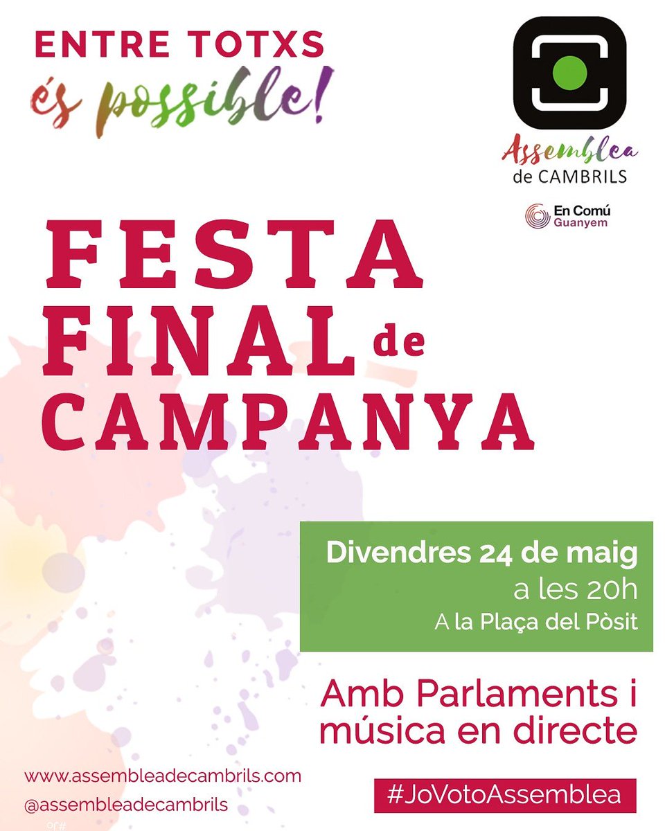 AsdeCambrils's tweet photo. ✨ Preparants per guanyar #Cambrils per a la seva gent.

🔹Acte final de campanya🔹

📆 Divendres 24 de maig
🕗 20h
📍 Plaça del Pòsit https://t.co/Rn1PIi2kVw