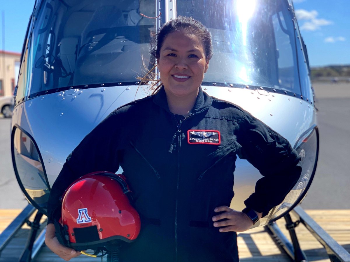 UAZNursing's tweet photo. Every day @UofA #Nursing alumna Jolene Platero takes to the skies aboard a medical transport copter. A member of the Navajo Nation, Platero wanted to confront the nursing shortage by providing more progressive and culturally relevant care to her community. https://t.co/gAcNXw0k9t https://t.co/gy41trZW3h