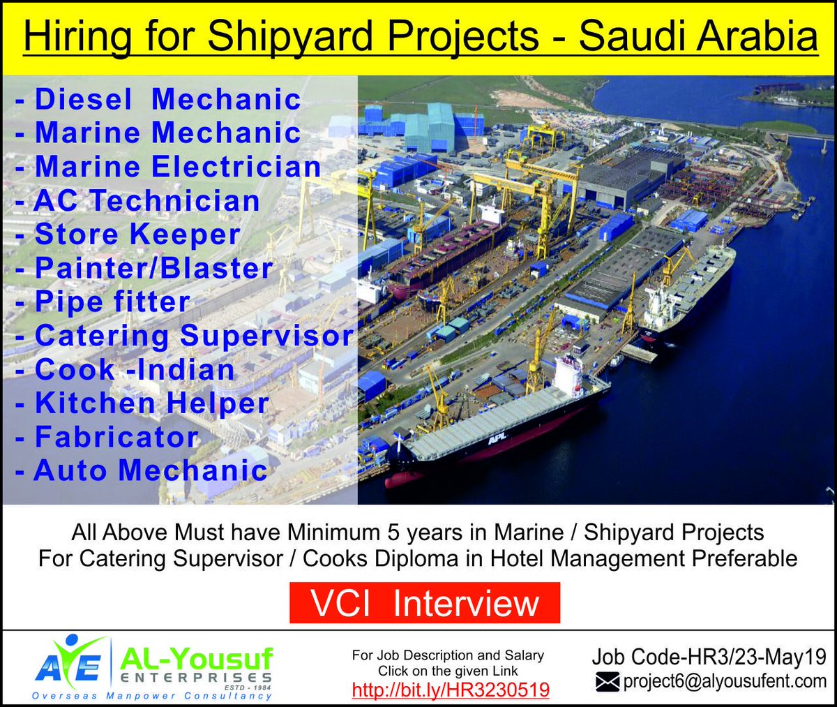 alyousufjobs's tweet photo. #HR3 #Hiring for #Shipyard_Projects - #Saudi Arabia.
Industry: #Marine #Shipping
#Vacant_Position
#Diesel_Mechanic
#Marine_Mechanic
#Marine_Electrician
#AC_Technician
#Store_Keeper
#Painter_Blaster
#Catering_Supervisor
#Fabricator
#automechanic
#jd link https://t.co/MGy8mmfSSP https://t.co/ehB8lwjdFi