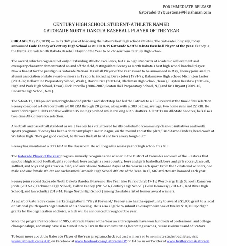 CHSpatriotsAD's tweet photo. Congrats to Cade Feeney (@CadeFeeney) on being named the 2019 Gatorade Player of the Year for baseball in ND! #rollpats https://t.co/65EqVZrKmk