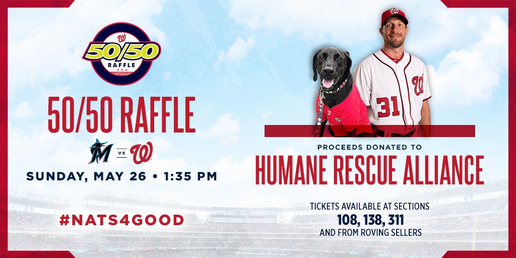Nats4Good's tweet photo. On behalf of Max and Erica Scherzer, the Nationals foundation will donate its 50|50 Raffle proceeds on May 26 to Humane Rescue Alliance.

Join us for "Pups in the Park" and pick up your raffle ticket to support animal rescue and welfare.

#WINWIN | #Nats4Good https://t.co/ATRcKh6ZPQ