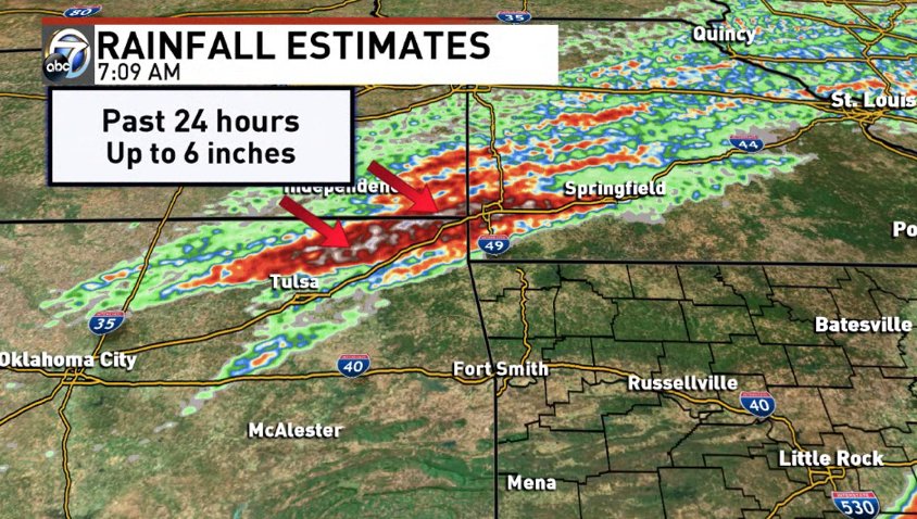ToddYakoubian's tweet photo. Up to 6’’ of additional rainfall over the past 24 hours in Oklahoma, Kansas, and Missouri.  Some of this will drain down the Arkansas River.  #arwx https://t.co/SJfqfNjZWc