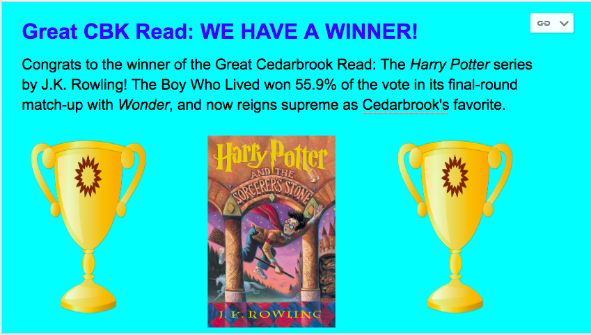 And the WINNER of the Great Cedarbrook Read and <a href="/CSDCedarbrook/">CSD Cedarbrook</a>'s favorite overall book is.............Harry Potter series!!! <a href="/AlwaysJKRowling/">Always J.K. Rowling</a> <a href="/CheltenhamSD/">Cheltenham SD</a> #CBKreads #csdimpact