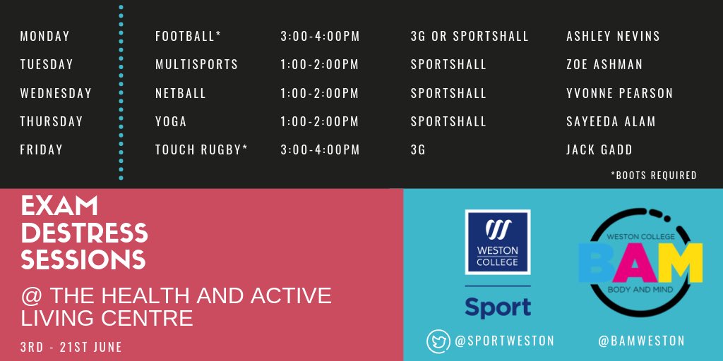 BAMweston's tweet photo. ⚽️🏉🏐🧘‍♀️Exam Destress Sessions available for learners after Half Term at our NEW Health and Active Living Centre!🧘‍♂️🏐🏉⚽️

Express your interest by completing the form below:
https://t.co/xqGF7ciz7U

@SportWeston @westoncollege @wclibraryplus https://t.co/MNnWQmO3ve