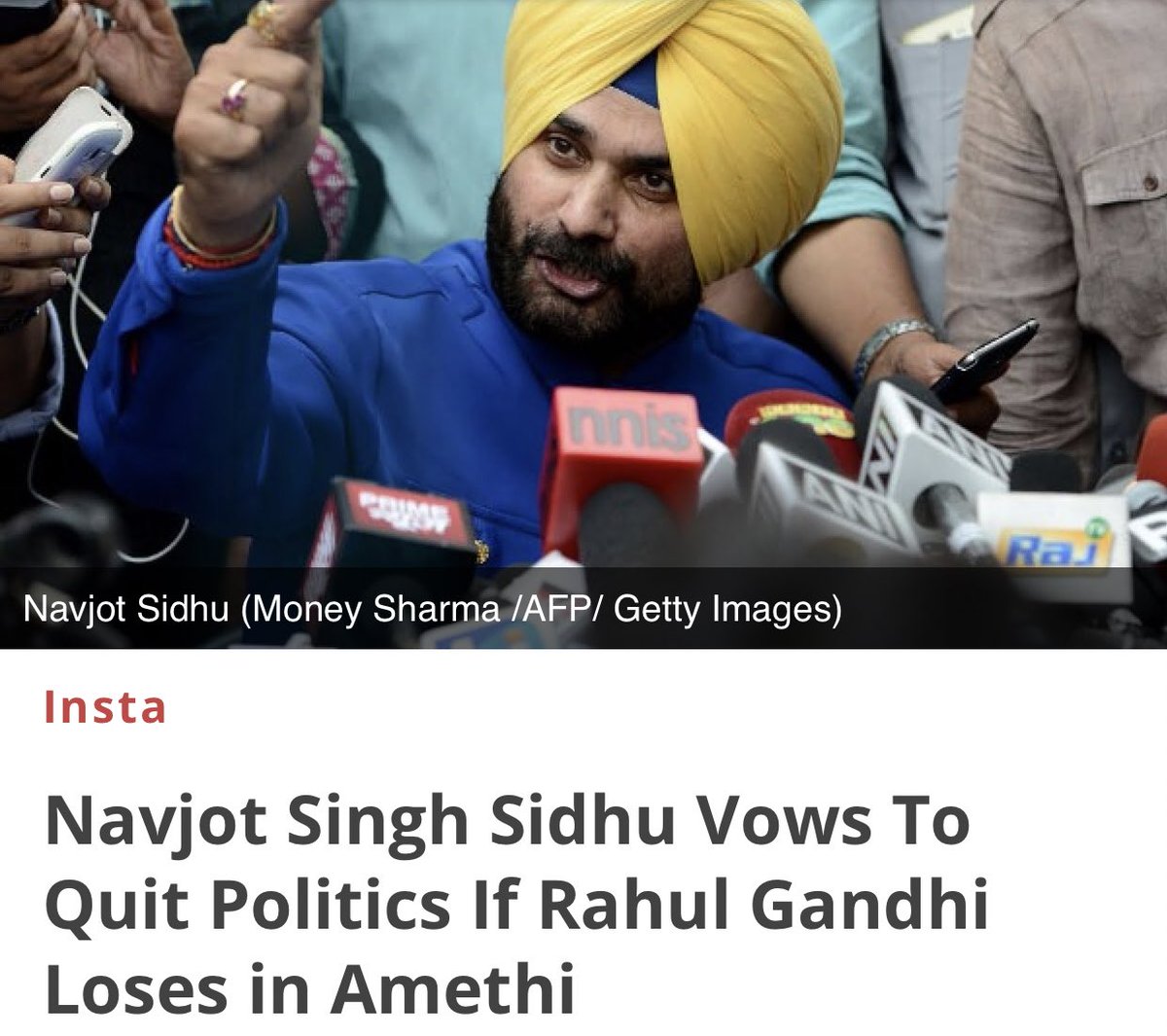 AdityaRajKaul's tweet photo. Rahul Gandhi concedes defeat in Amethi. Congratulates Smriti Irani. Time for Navjot Singh Sidhu to quit politics. Let’s see who follows his word and who turns out to be a liar now. We can totally imagine Captain Amrinder Singh laughing away all the way! https://t.co/8T58YKaBjV