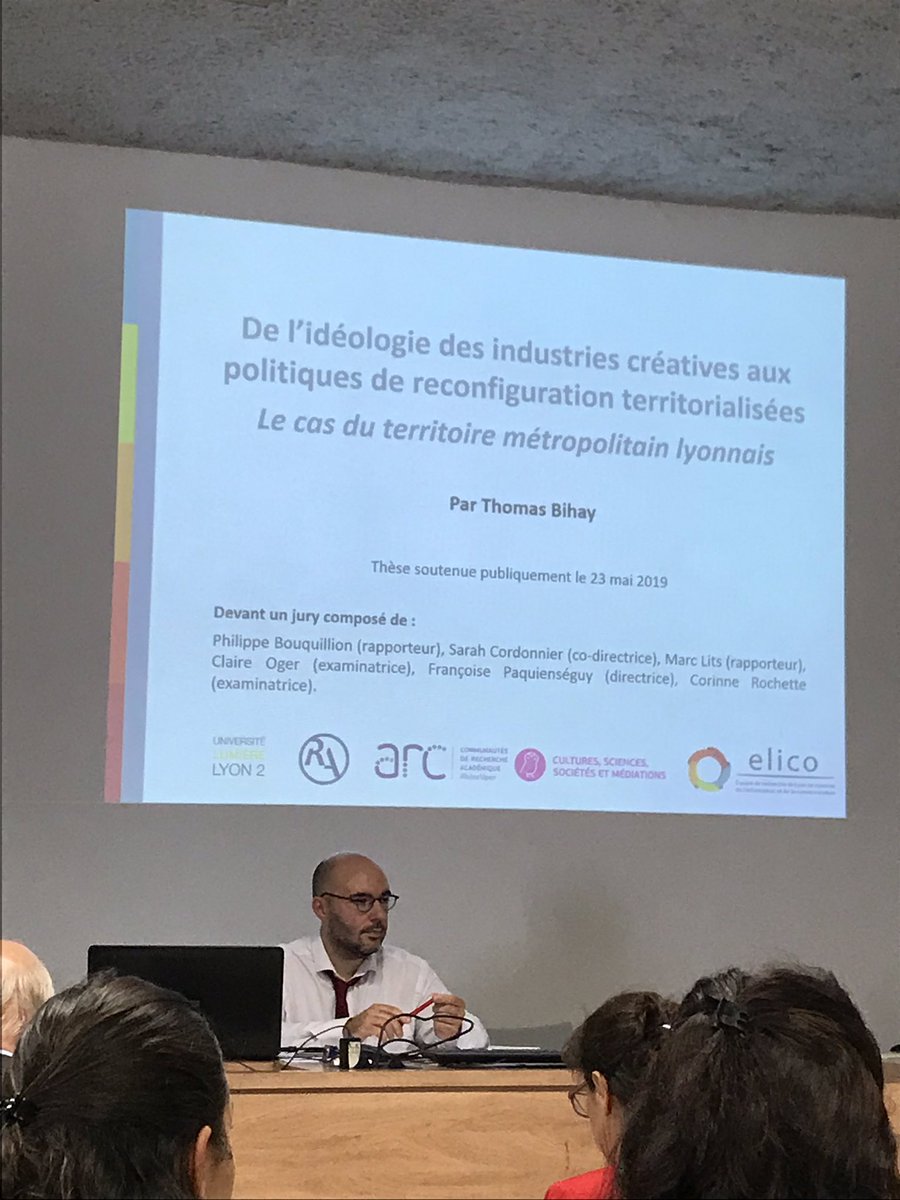 AubrunFrederic's tweet photo. @tbihay soutient sa thèse de doctorat intitulée : “De l’idéologie des industries créatives aux politiques de reconfiguration territorialisées : le cas du territoire métropolitain lyonnais” @univ_lyon2 https://t.co/5R2OiWPEw3