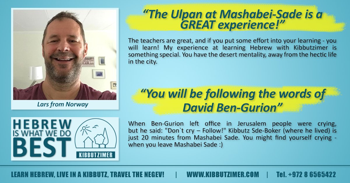 kibbutzimer's tweet photo. Our student Lars, as a frequent visitor, is already an absolute expert on everything Kibbutzimer (and learning Hebrew of course)!

Want to join us here for one of our Hebrew programs? 
Contact us now for more details! https://t.co/7nCy5ODk09