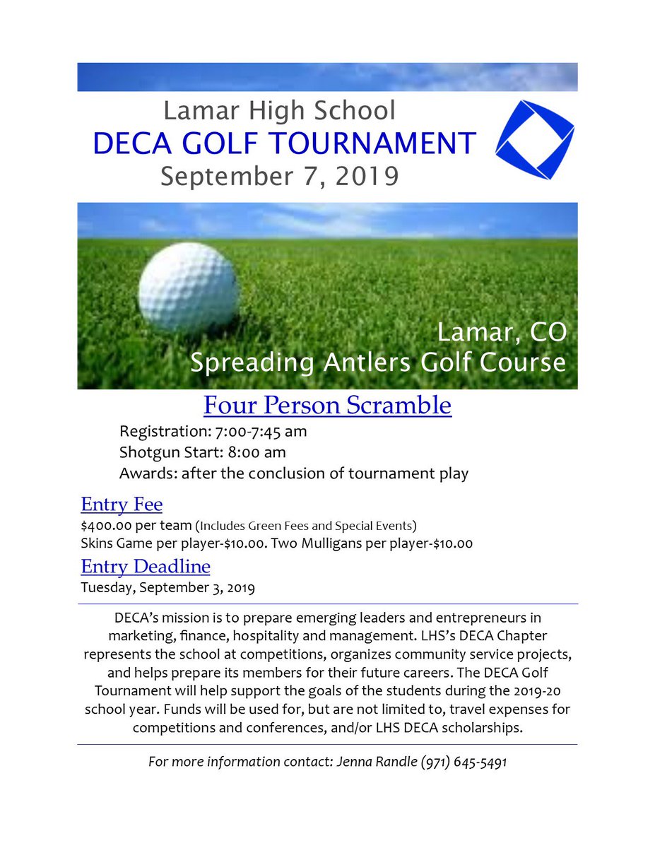 LamarcoDECA's tweet photo. Calling all golfers! Get your registration in for our LHS DECA Golf Tournament https://t.co/xUZO2eoOM7