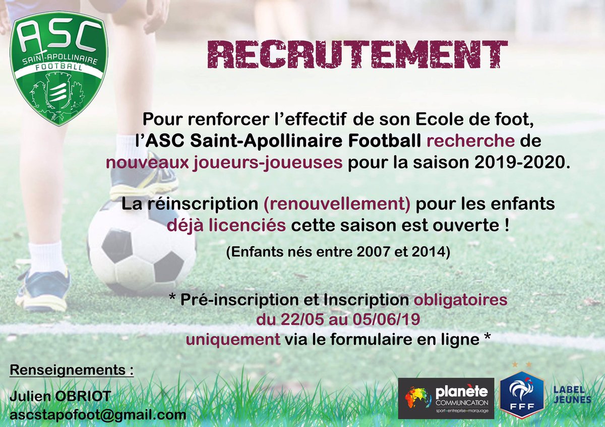 ASCStApoFoot's tweet photo. 📝 SAISON 2019-2020 📝 

Vous avez entre le 22 mai et le 5 juin 2019 pour inscrire votre enfant (nouveau joueur) ou le réinscrire (renouvellement licence) pour la saison 2019-2020 !

Tous les renseignements sur notre site internet : https://t.co/1QwqumWPtE 

#foot #sport #stapo https://t.co/oOYzgk6SPh
