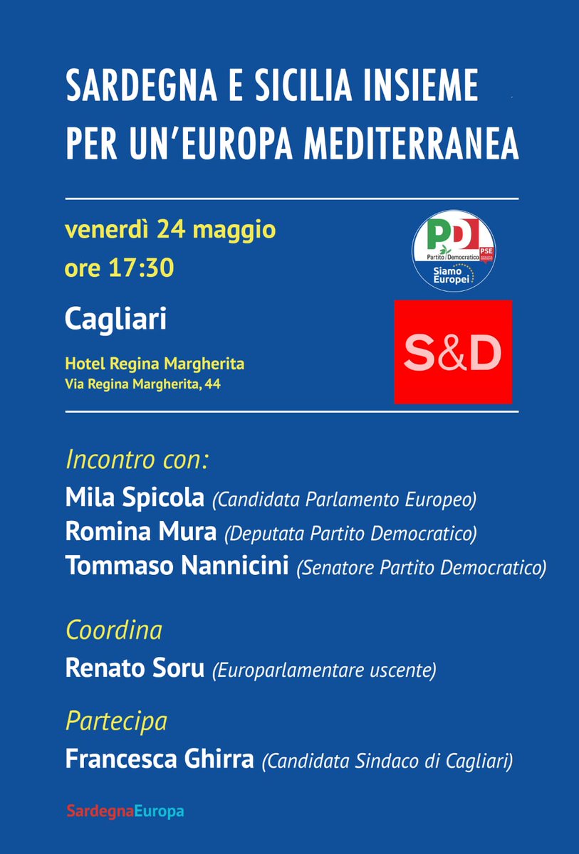 Venerdì 24 maggio a #Cagliari dalle 17:30 #Sardegna e #Sicilia insieme per un'#Europa mediterranea.