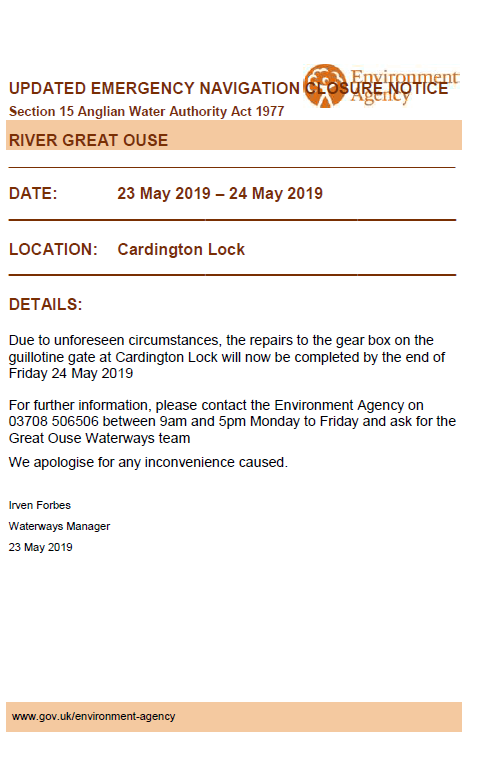 Ang_WaterwaysEA's tweet photo. We have just been advised the repair works at Cardington Lock are taking longer than initially anticipated and will now continue through tomorrow which means the lock will be closed again on Friday 24 May. https://t.co/J3gpickQBL