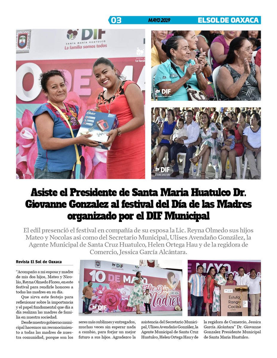 VicManOaxaca's tweet photo. #ElSoldeOaxaca #EdicióndeMayo #Numero283 #Pag3
* Asiste el edil de Santa Maria Huatulco @drgiovannehux al festival del dia de las madres, organizado por el DIF Municipal. https://t.co/tuO1HI10WZ