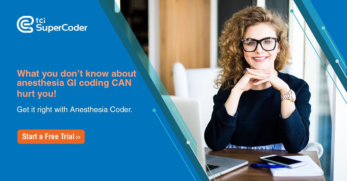 supercodergirl's tweet image. Conquer anesthesia GI coding with Anesthesia Coder! Online articles, codes, tools. Try it free: bit.ly/2wgENsh
#AnesthesiaCoding #CPTCodes #ICD10 #CPTLookup #MedicalCoding #CodingTools #AnesthesiaCoder #HCPCS #ICD10CM #2019Updates #FreeTrial