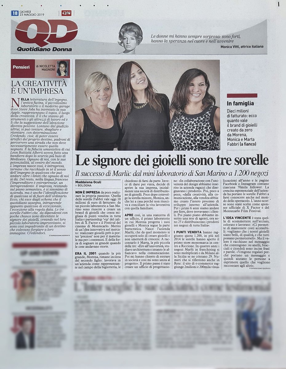 MarluGioielli's tweet photo. #QN Donna racconta il successo di #Marlu. Le signore dei gioielli sono 3 sorelle. Monica, Marta, Morena, Fabbri.
.
@FabbriMarta1 @carlobozzo @barlettag https://t.co/Y61IITs2VV