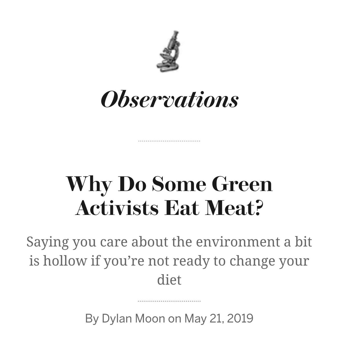 NicholasDCarter's tweet photo. An excellent essay on the irony of green activists eating meat.
⬇️
"If you do decide to avoid meat, you will have made progress in logical consistency. You will be able to back your claims of environmental awareness with a level of action."
https://t.co/NklIYfT9l6 https://t.co/379l4O8cb5