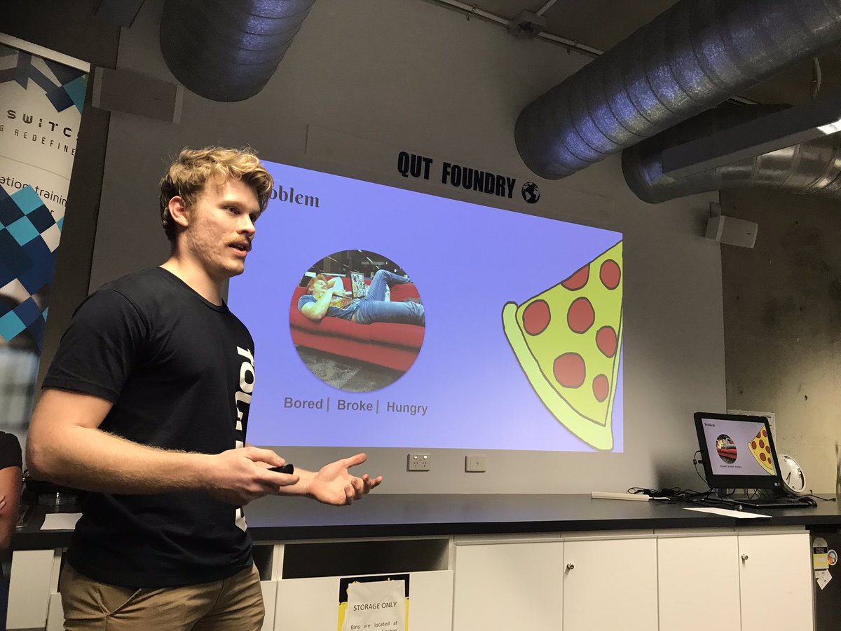QUTEship's tweet image. #IDEASlaunched pitch by #techpreneurs @qutfoundry is #PizzaRoulette🍕: a fun #promotion, in which you could win &amp;amp; get a pizza delivered, will do some social good, &amp;amp; the #pizza company wins too. They did #demo and it works! Very attractive to pizza #retailers (inc for remarketing)