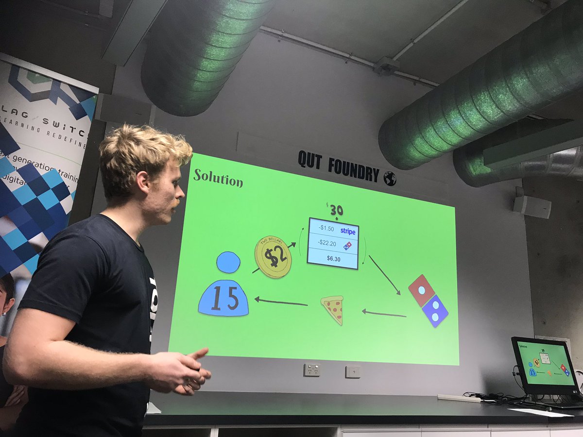 QUTEship's tweet image. #IDEASlaunched pitch by #techpreneurs @qutfoundry is #PizzaRoulette🍕: a fun #promotion, in which you could win &amp;amp; get a pizza delivered, will do some social good, &amp;amp; the #pizza company wins too. They did #demo and it works! Very attractive to pizza #retailers (inc for remarketing)
