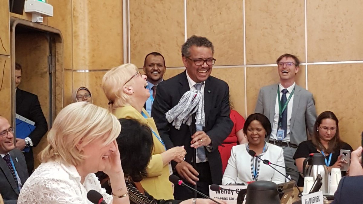 Thank you @DrTedros for hearing the voices of frontline health workers on the urgent need for water, sanitation and hygiene in health care facilities to achieve #UHC And for accepting the honorary mop from @profwendygraham 👏 Here's to a cleaning revolution! #WHA72
