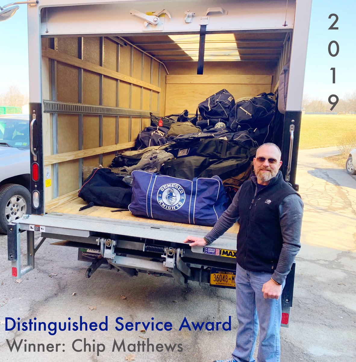 GeneseoHockey's tweet photo. Team Awards *voted on by coaches &amp; players: 2018-19 Distinguished Service Award, Charles ‘Chip’ Matthews @chip4adk (Director of @GeneseoLife ) #roadwarrior #friendoftheprogram #OneKnight https://t.co/4qZaIUd1gW