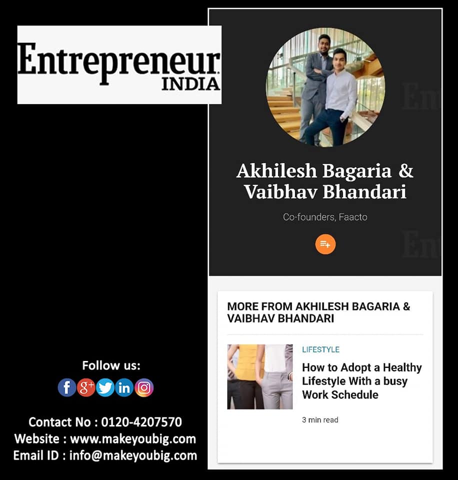 makeyou_big's tweet photo. Our client Mr. Akhilesh bagaria and Mr. Vaibhav Bhandari co- founder of #faacto featured in
ENTREPRENEUR INDIA
#entrepreneur #faacto #startup #makeyoubig #publicrelations #paidpromotion #eventplanner #health #application #entrepreneurlife https://t.co/gIhBRgn8dr