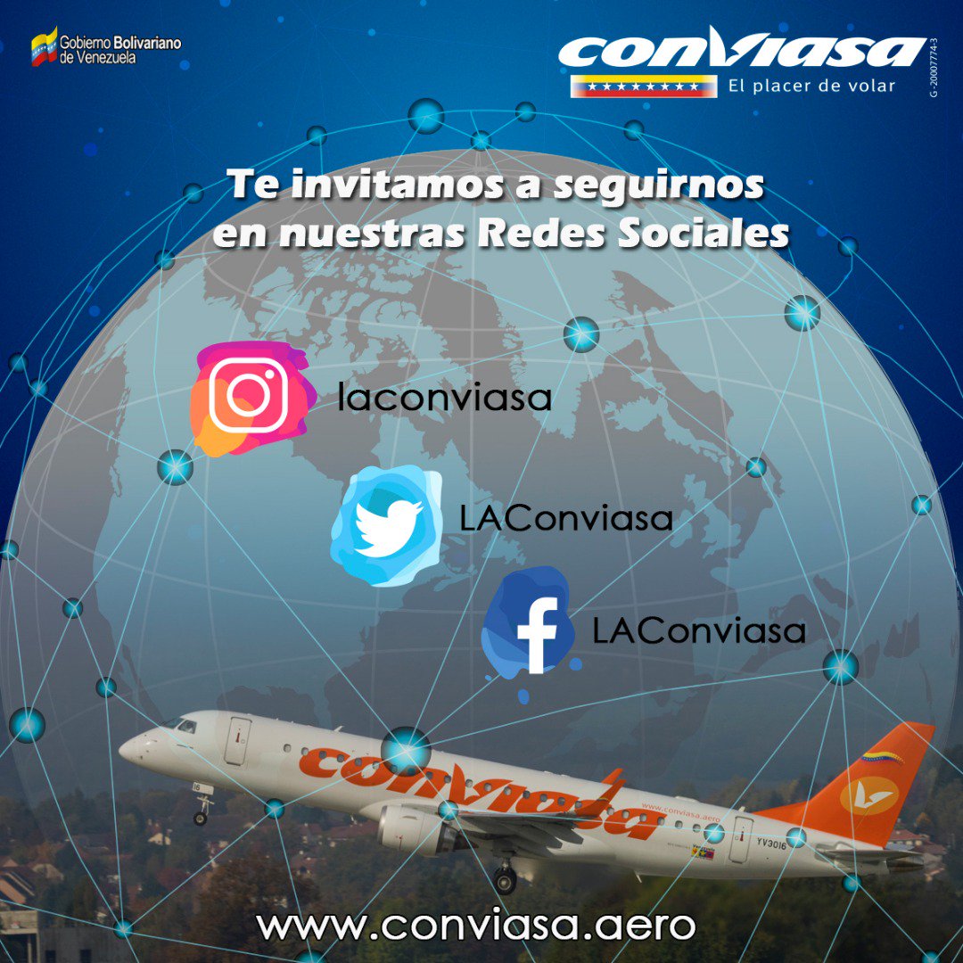 conviasa_ve's tweet photo. Sigue la cuenta oficial de Conviasa en las redes sociales: Twitter @LAConviasa Facebook LAConviasa e Instagram @laconviasa https://t.co/JxbfQQYjnV