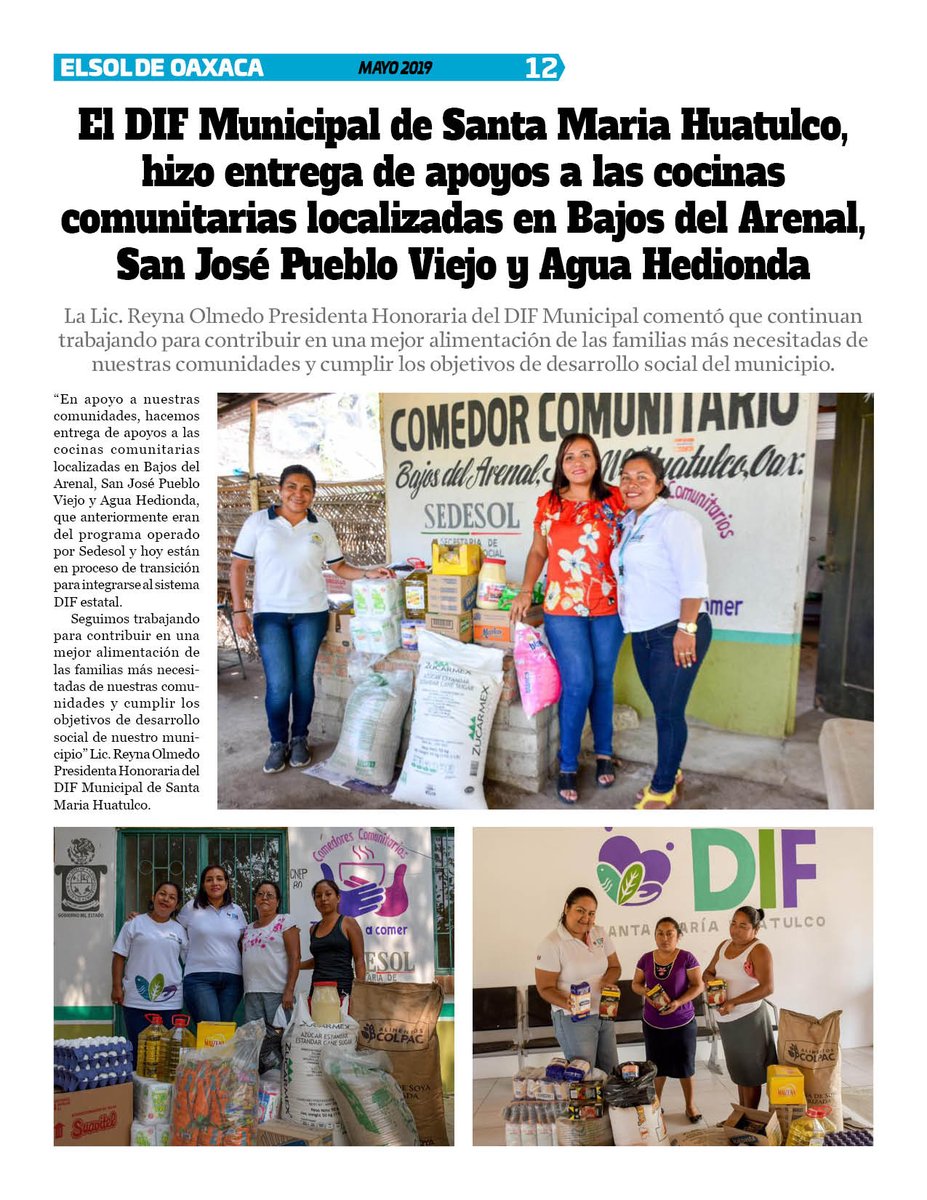 VicManOaxaca's tweet photo. #ElSoldeOaxaca #EdicióndeMayo #Numero283 #Pag12
* El DIF Municipal de Santa Maria Huatulco, hizo entrega de apoyos a las cocinas comunitarias localizadas en Bajos del Arenal, San José Pueblo Viejo y Agua Hedionda. https://t.co/EPRCXqQ5ZT