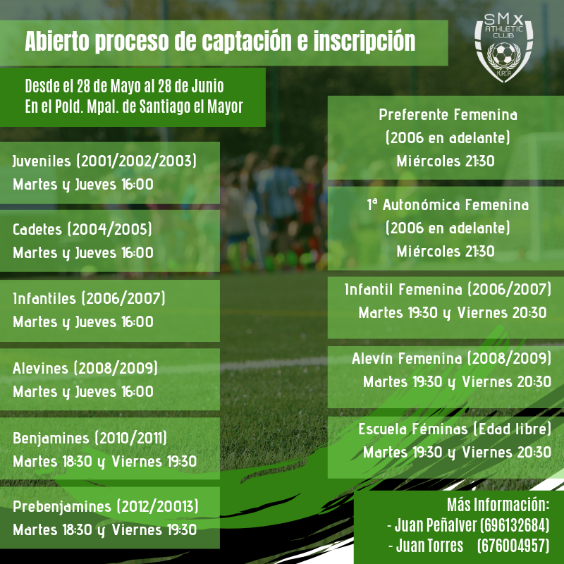 📢📲 PROCESO DE CAPTACIÓN |

▶️ Abrimos el periodo de inscripción dentro de todos los equipos del club. Ya puede venir y disfrutar de lo que más te gusta. 

▶️ Se crean dos nuevos grupos de trabajo: Un equipo Juvenil y un equipo en 1ª Autonómica Femenina. FÚTBOL PARA TOD@S 💚🍍✨