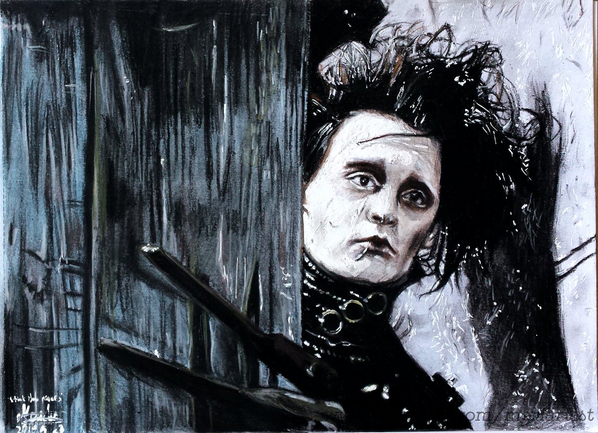 Meri_Auri's tweet photo. https://t.co/pGNBWo99Hd presents a new drawing - a scene from a movie I adore, 'Edward Scissorhands'. Enjoy! #fanart #JohnnyDepp #TimBurton #EdwardScissorhands #pastel #drawing #colour #portrait #movies https://t.co/B8pOwREGDN
