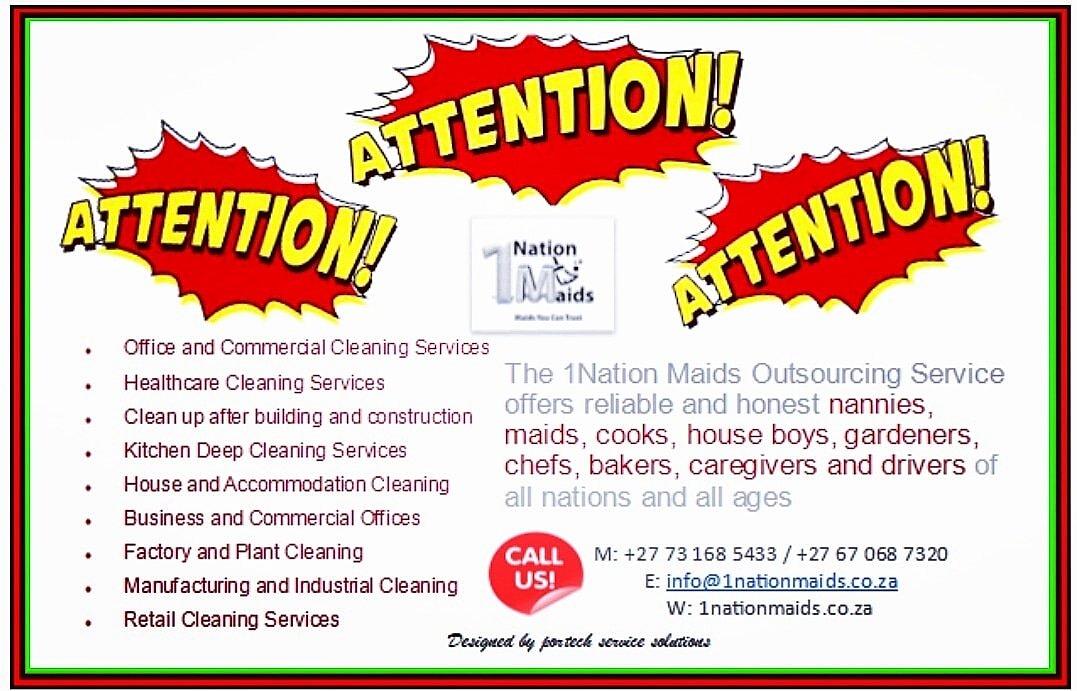 PortechService's tweet image. Clean your worries away with @1Nationmaids. Don't Delay, contact Lefa for your free quote today on 073 168 5433 or 067 068 7320. This ad is brought to you by Portech Service Solutions! #cleans #Johannesburg #Durban #Portelizabeth #pretoria #mpumalanga #bloemfontien #easterncape