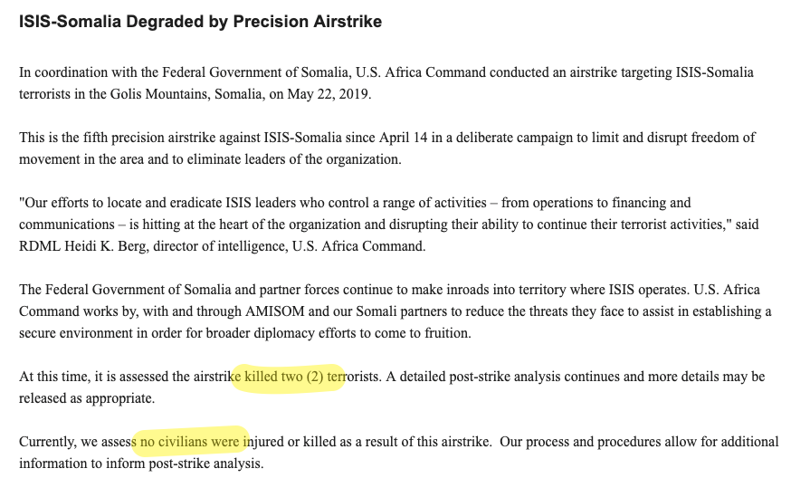Meanwhile in Somalia: 2 KIAAlso notable that a new pattern emerging: this is the 5th strike in Somalia since mid April whose target is described as ISIS, as opposed to Al Shabab.