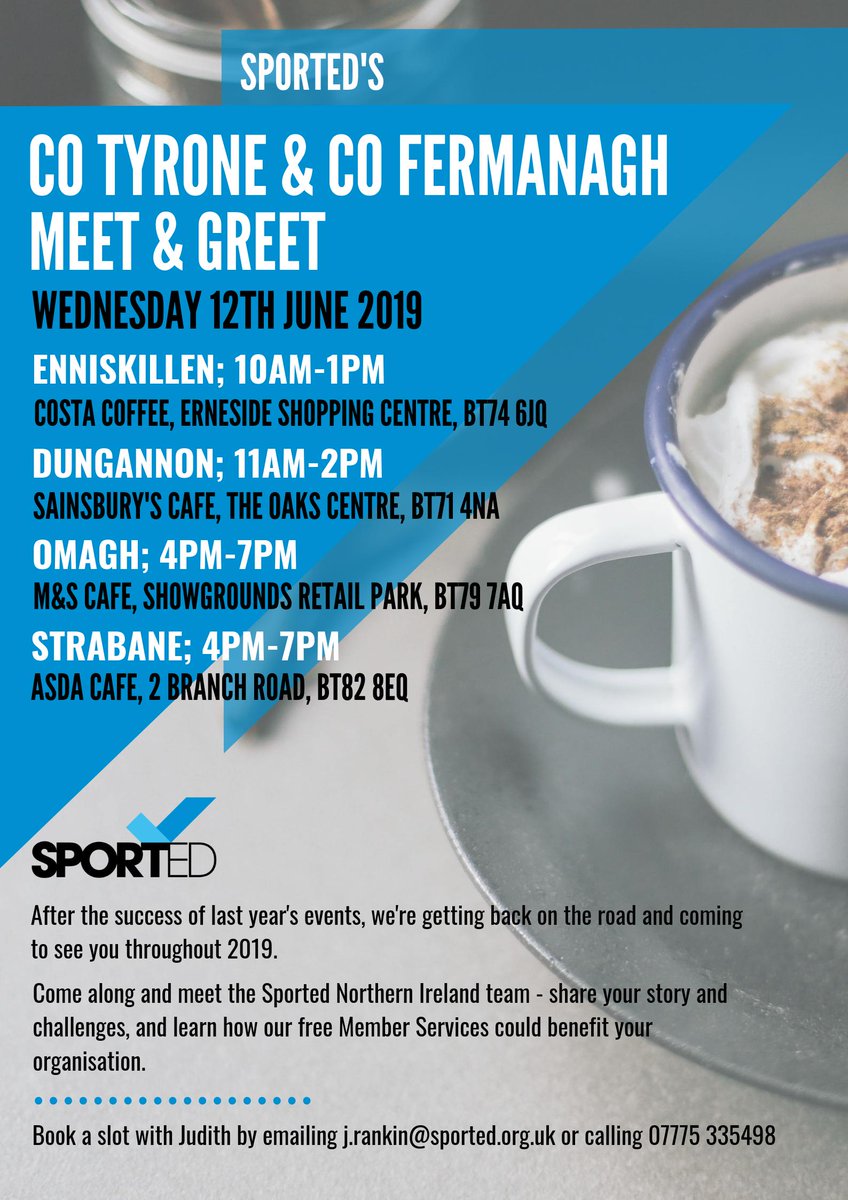 The count down is on until the team are in Tyrone &amp; Fermanagh. Swing by, have a cuppa and get all your membership ques ans.
Know a group that is offering sport for development and could benefit? Why not bring them along!

Don't miss out, get in touch. Locations below.