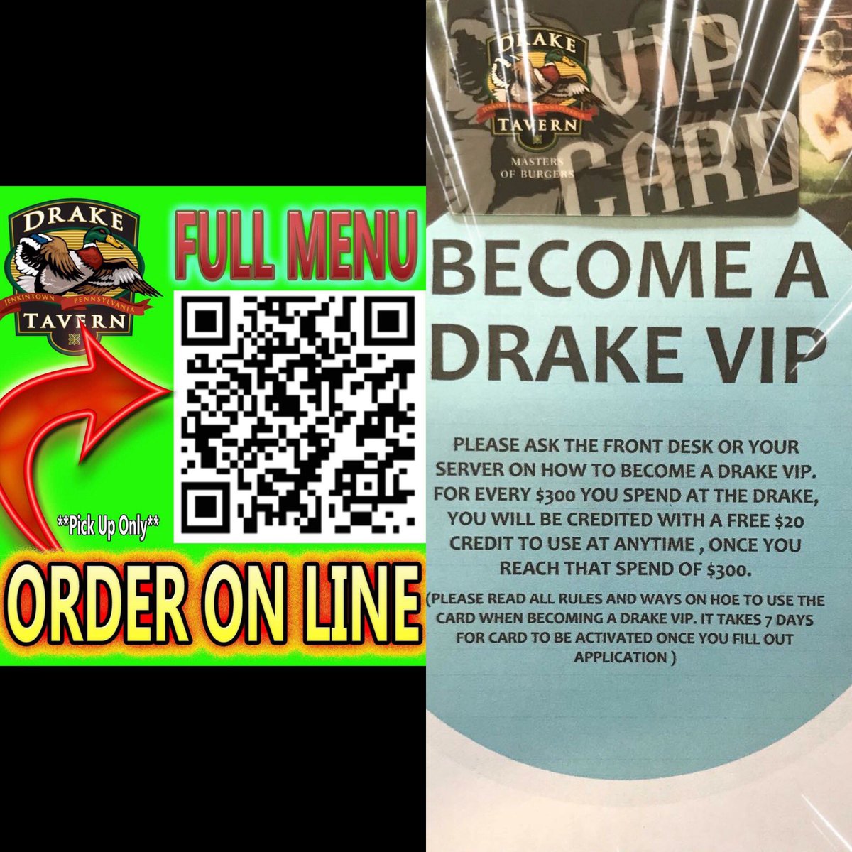 DrakeTavern's tweet image. Become a DRAKE VIP for free spending and don’t forget to ORDER TAKE-OUT now online or download app “order.draketavern.com”
