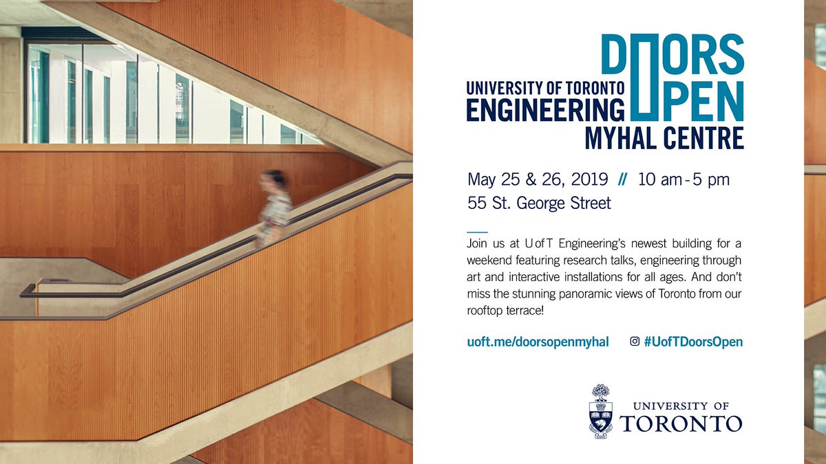 UofTEngineering's tweet photo. 👆 Interactive installations for all ages
🤖 Peek into our robotics & prototyping labs
⚡️ Engaging lightning lectures on topics from micro-robots to mind reading
📷 Stunning panoramic views from our rooftop terrace
Don’t miss it — #UofTDoorsOpen on May 25 & 26 from 10 AM to 5 PM! https://t.co/Yotm0Oo5Hw