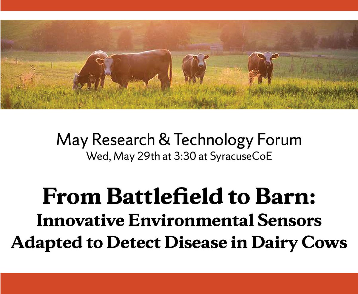 SyracuseCoE's tweet photo. Learn how startup @AcumenDetection is helping farmers protect the health of their herds with #EnvironmentalControls - Join this fascinating presentation by @AcumenDetection on Wed, 5/29, 3:30 here @SyracuseCoE https://t.co/nnvKh8HO6T https://t.co/ooASmvKK7E