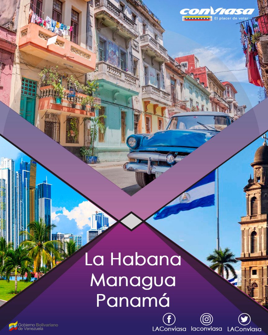 conviasa_ve's tweet photo. #LaHabana #Managua y #Panamá ahora conectadas. Conviasa te hace parte de este intercambio cultural. Reserva tu viaje a través de https://t.co/M3KXiUtSuC https://t.co/FlvDQyIvEl